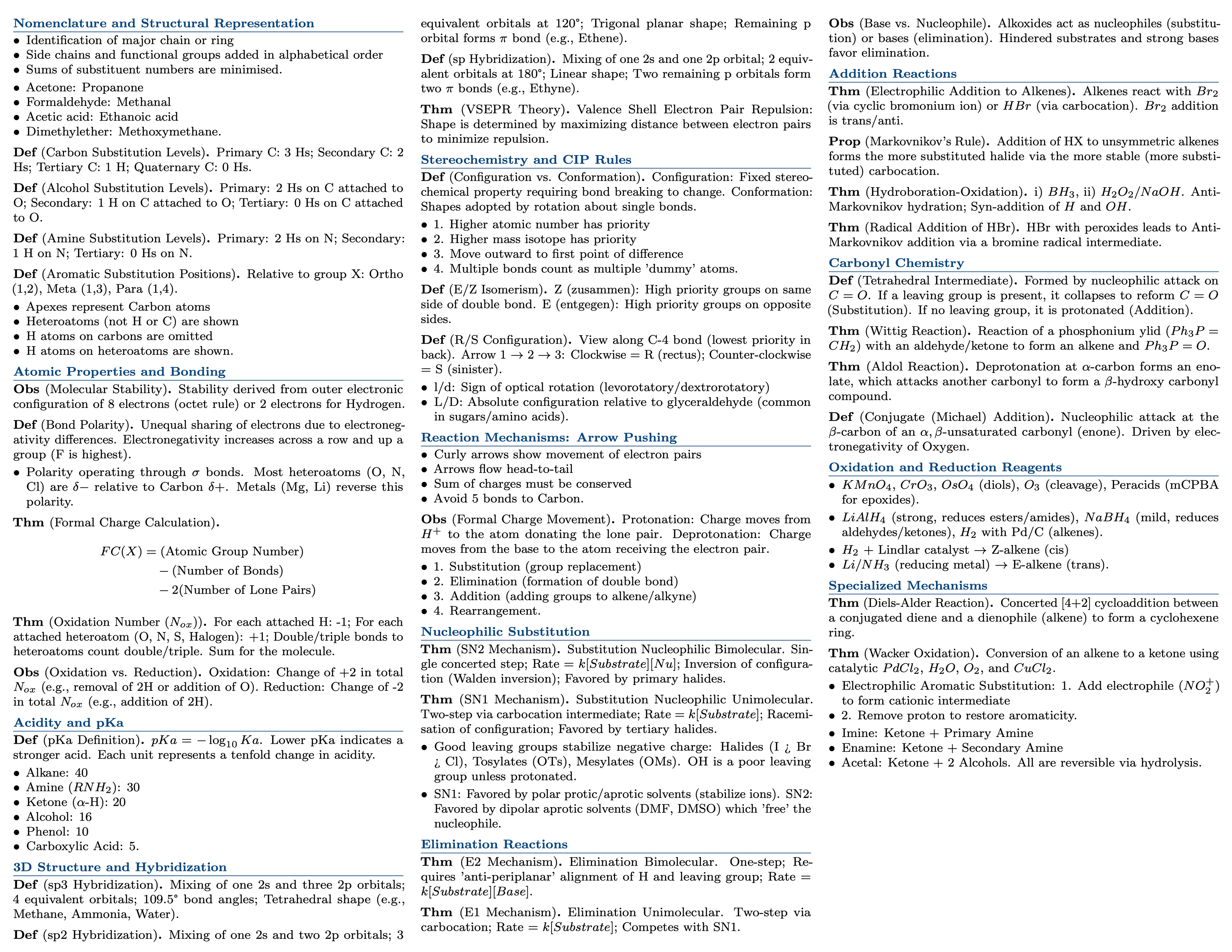 Example AI-generated cheat sheet for Organic Chemistry showing a dense 3-column layout with definitions, theorems, and formulas